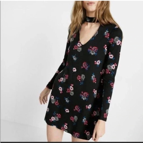 Express Black and Pink Long Sleeve V-Neck Choker Sundress - Picture 1 of 6
